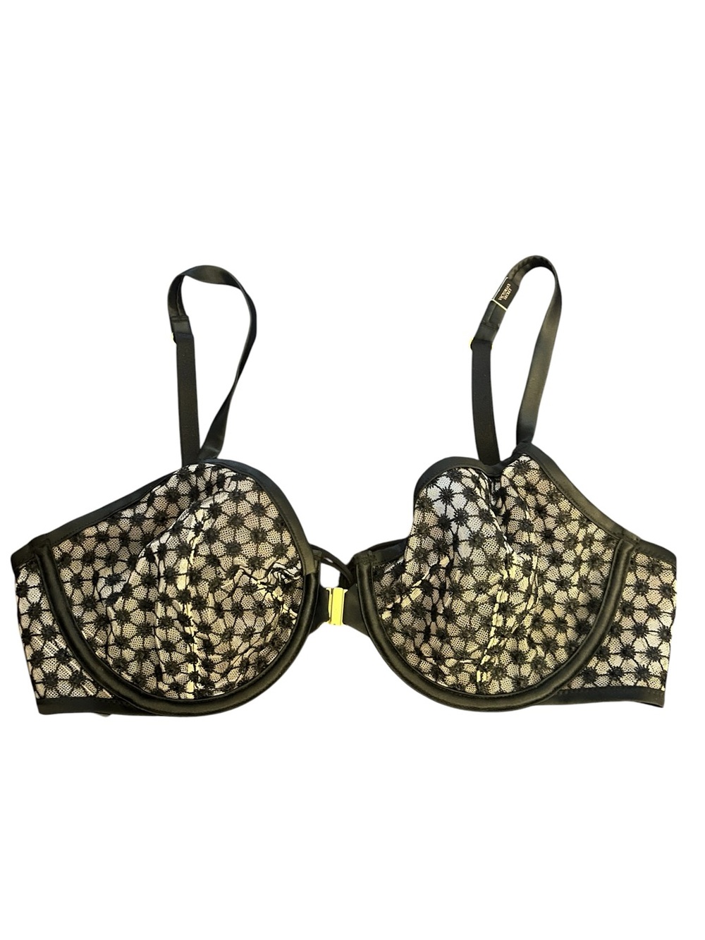 Victoria's Secret Black Lace Floral Overlay Bra with Cream Underlay
